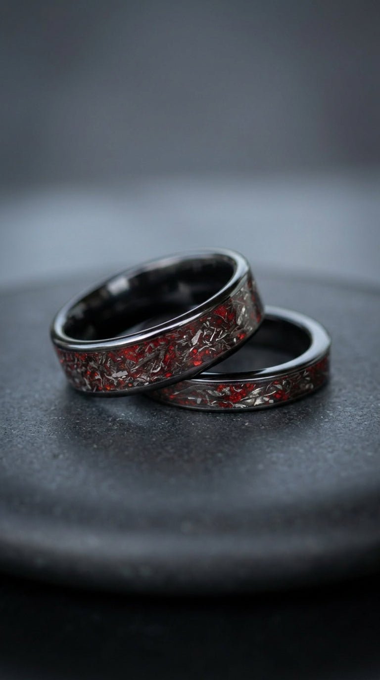 Real Meteorite & Red Opal Titanium Carbide Wedding Ring Set | Unique His & Hers Matching Bands - awadicreates