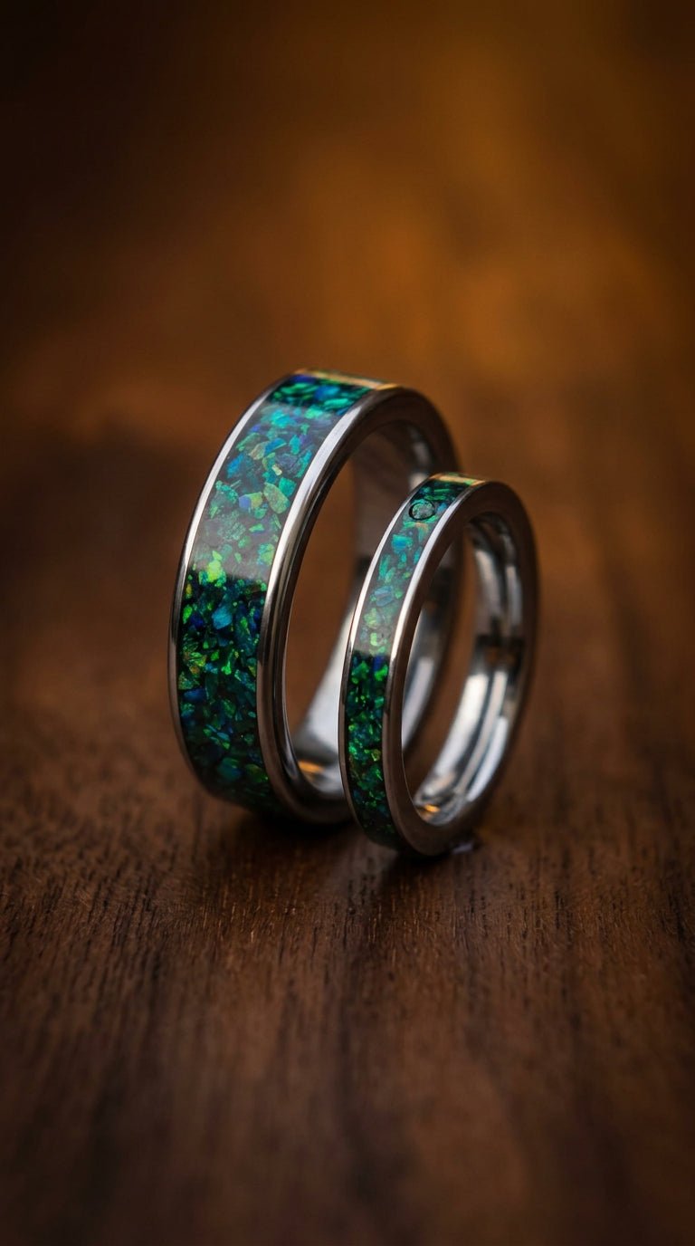 Dark green opal with blue flash, tungsten his and hers engagement ring set, wedding rings for men, anniversary ring - awadicreates