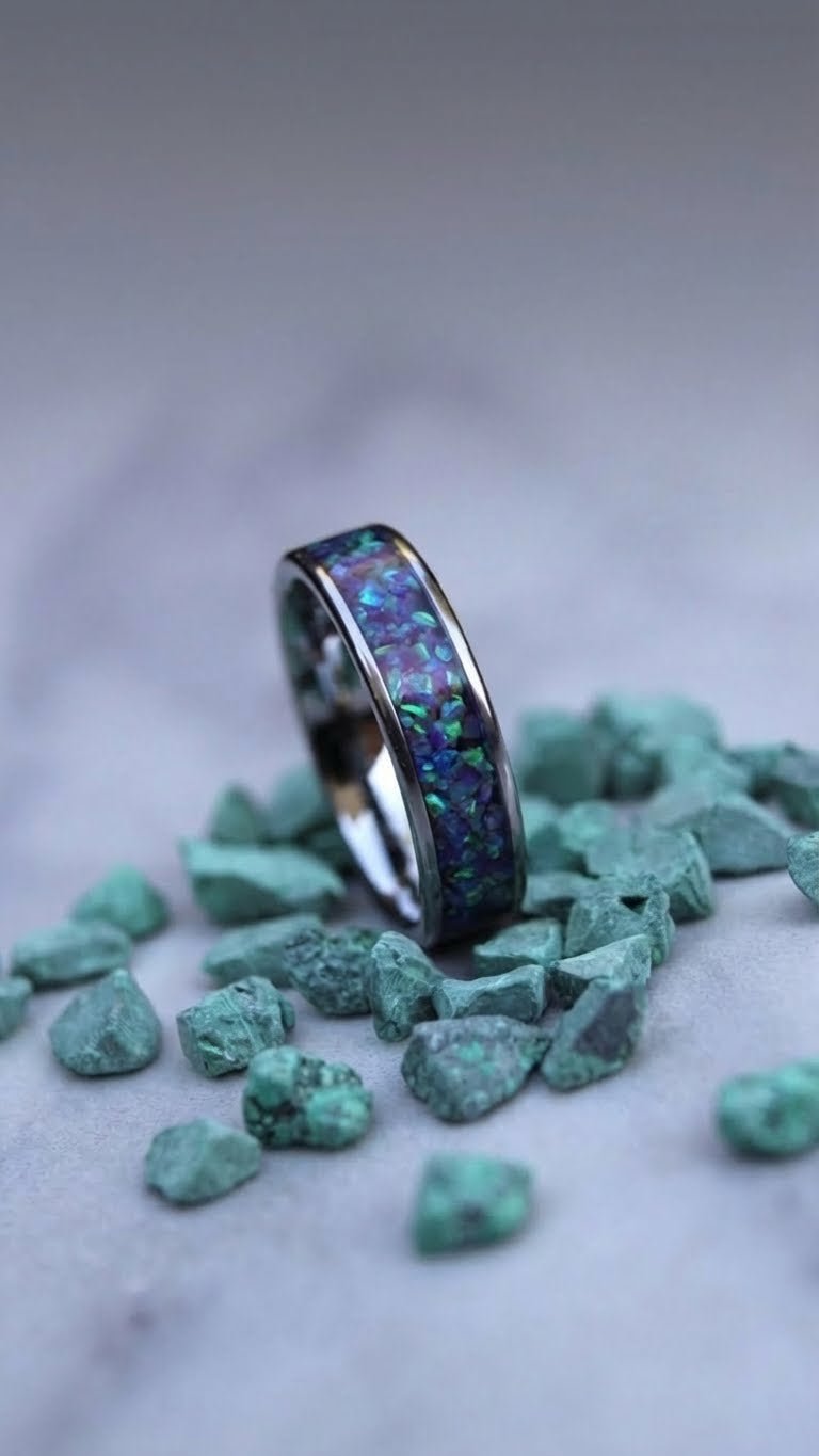 Multi Amethyst Opal Tungsten Wedding Ring, Unique Silver Band - awadicreates