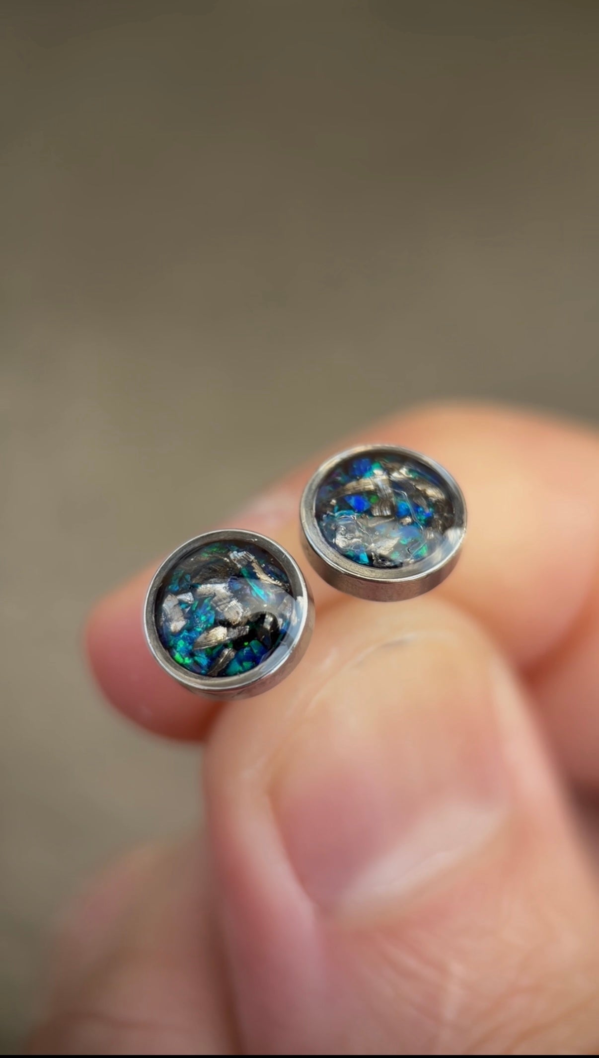 Blue opal and real meteorite 8mm earrings for her