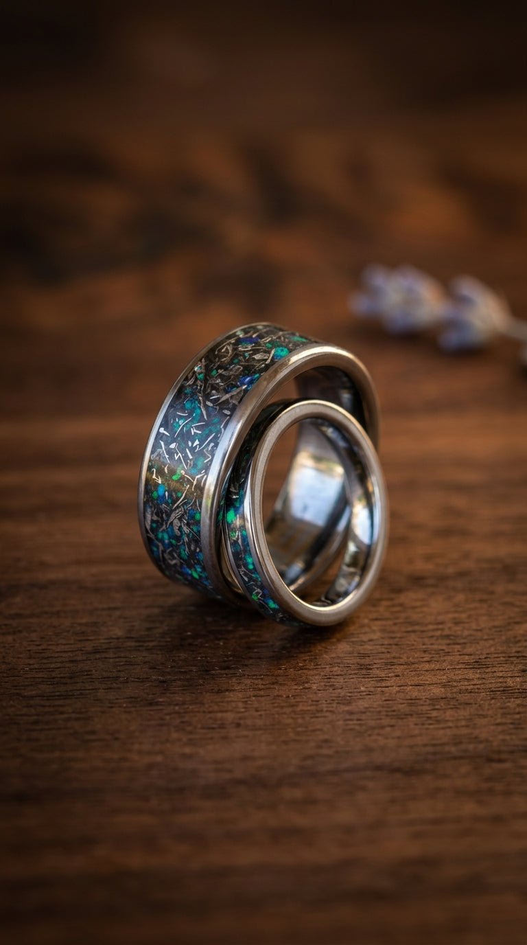 Real Meteorite And Blue Opal Tungsten Wedding Ring Set m - awadicreates