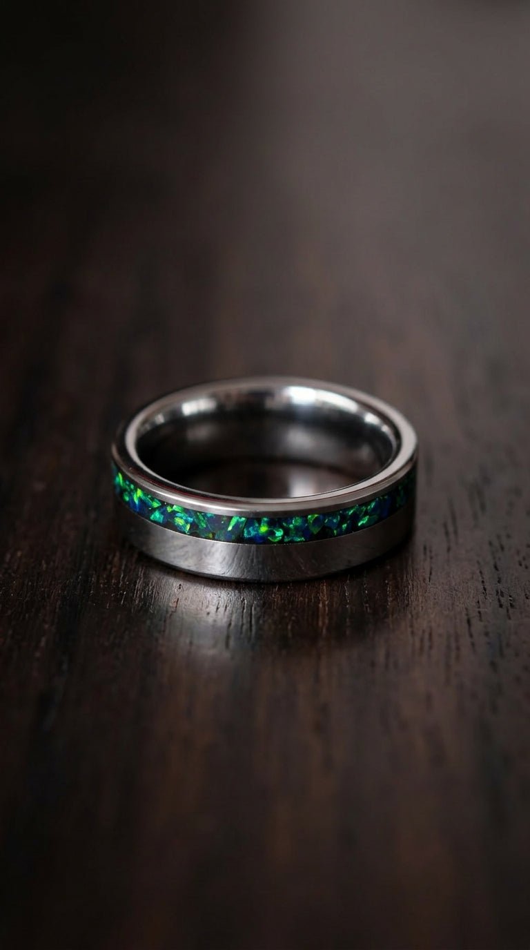 Green Opal Tungsten Engagement Ring Wedding Band - awadicreates