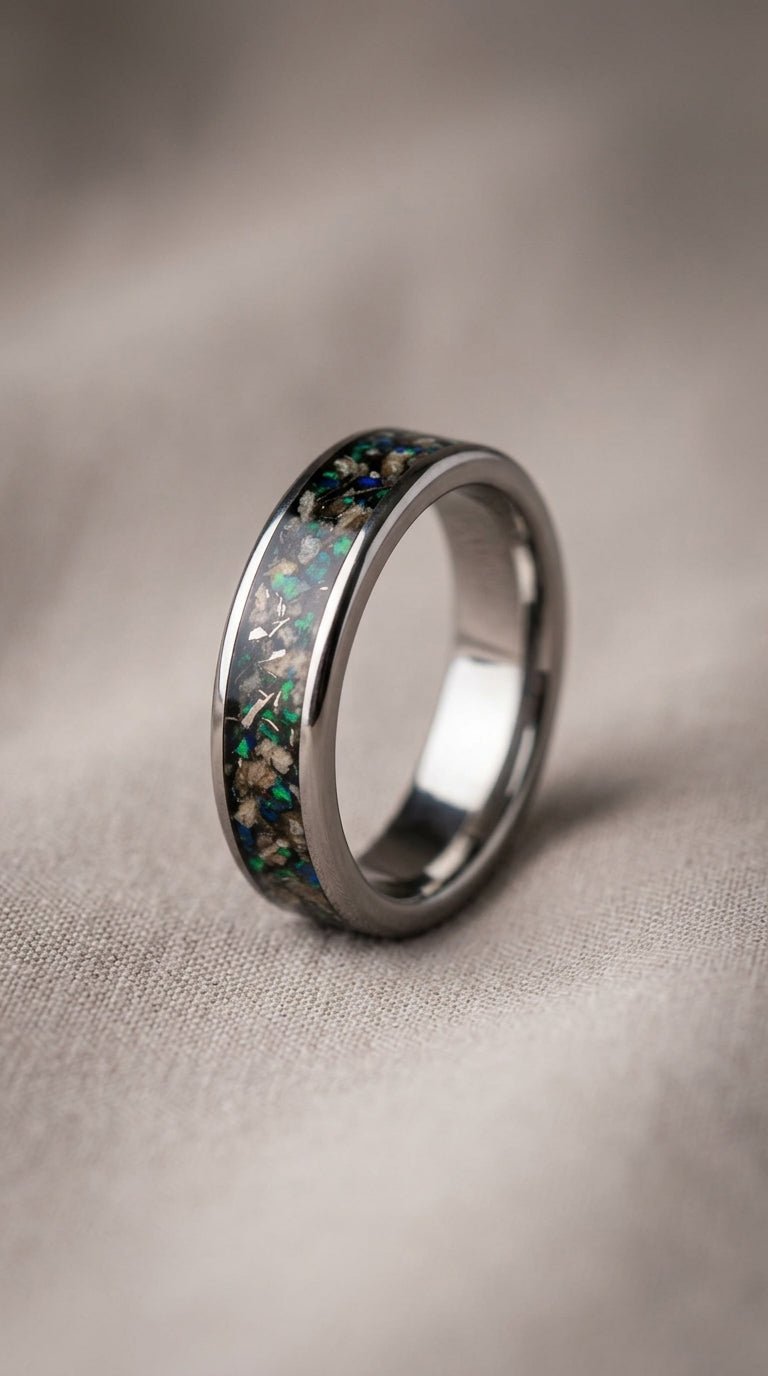 Real dinosaur bone, meteorite and green opal, tungsten ring - awadicreates