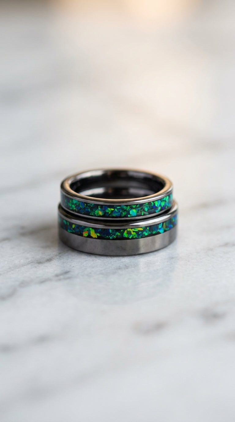 Dark green opal with blue flash, tungsten his and hers handmade engagement ring set wedding rings for men anniversary ring