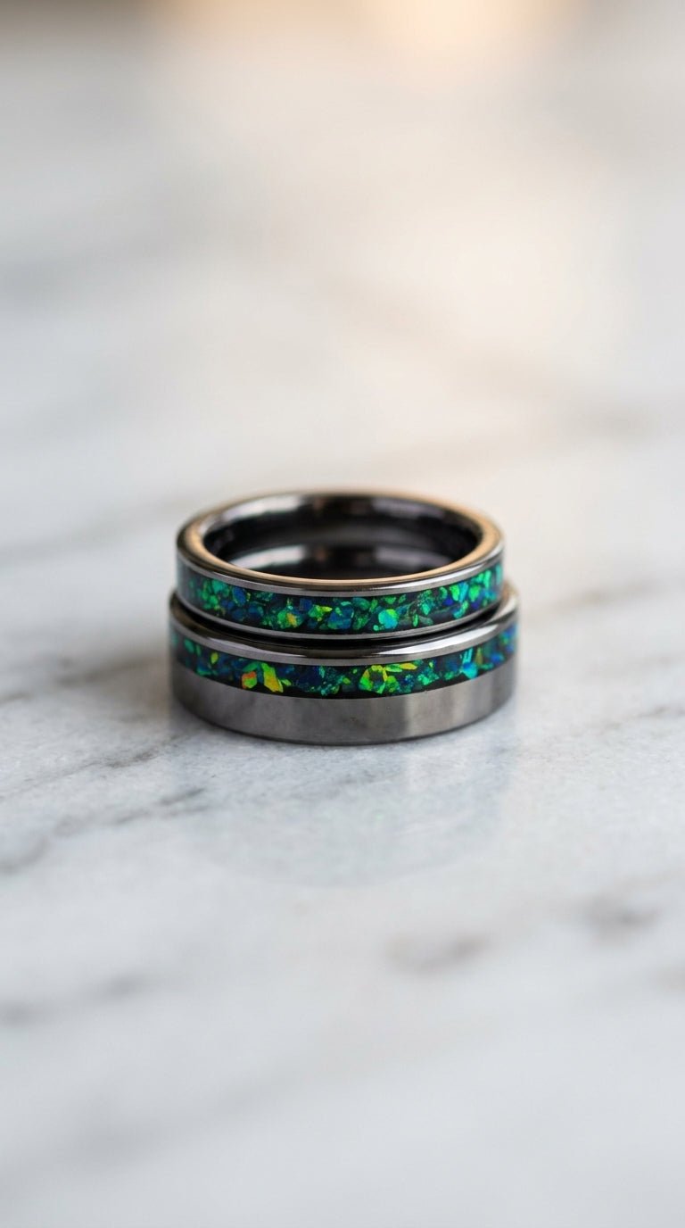 Dark green opal with blue flash, tungsten his and hers handmade engagement ring set wedding rings for men anniversary ring - awadicreates