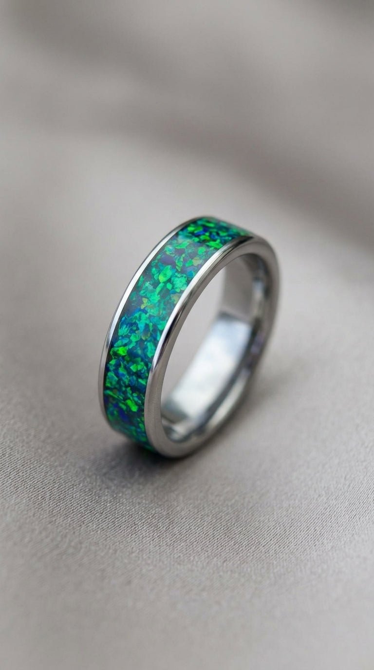Dark Green With Blue Flash Opal, Tungsten Carbide Anniversary Ring - awadicreates