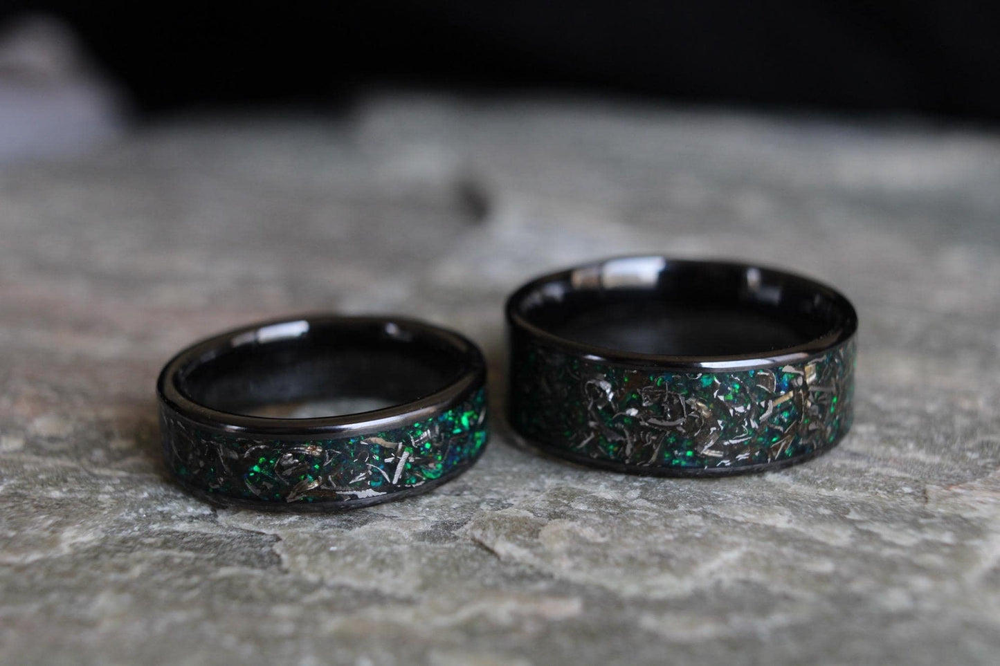 Real meteorite and green opal titanium ring set engagement rings for her matching wedding bands rings his and hers promise rings jewellery