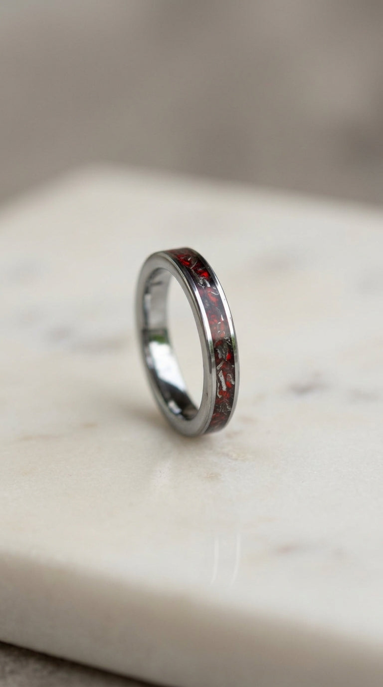 Real Meteorite And Red Opal Tungsten Carbide Ring, Bespoke Wedding Band