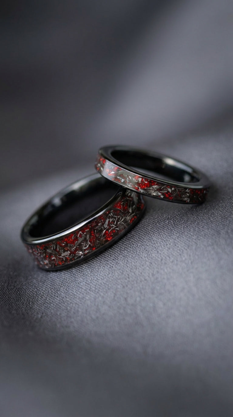 Real Meteorite & Red Opal Wedding Ring Set for Couples
