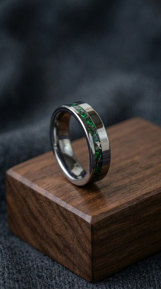 Real Meteorite And Green Opal Tungsten Wedding Ring, Unique Silver Band