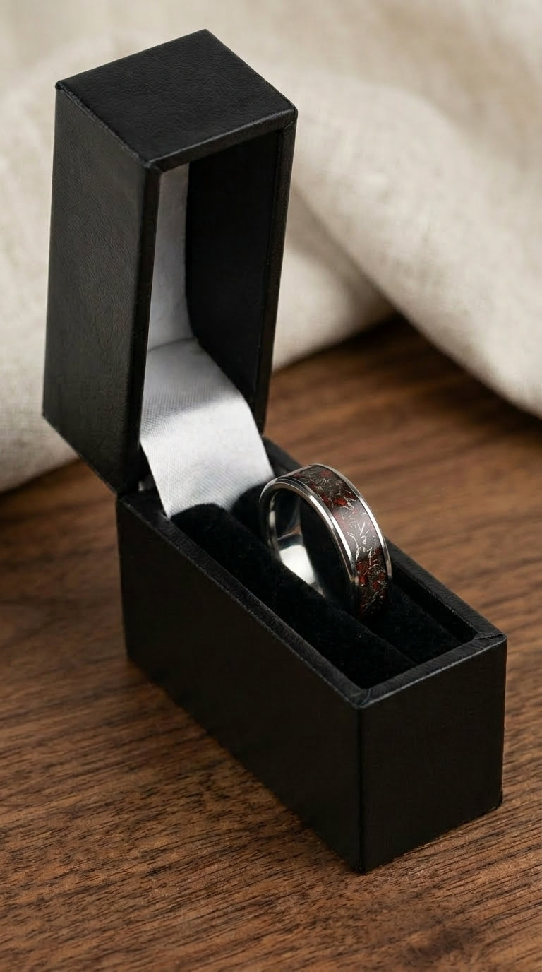 Real Meteorite & Red Opal Tungsten Ring – Unique Engagement Ring – Handmade Meteorite Wedding Band – Men's or Women's Ring