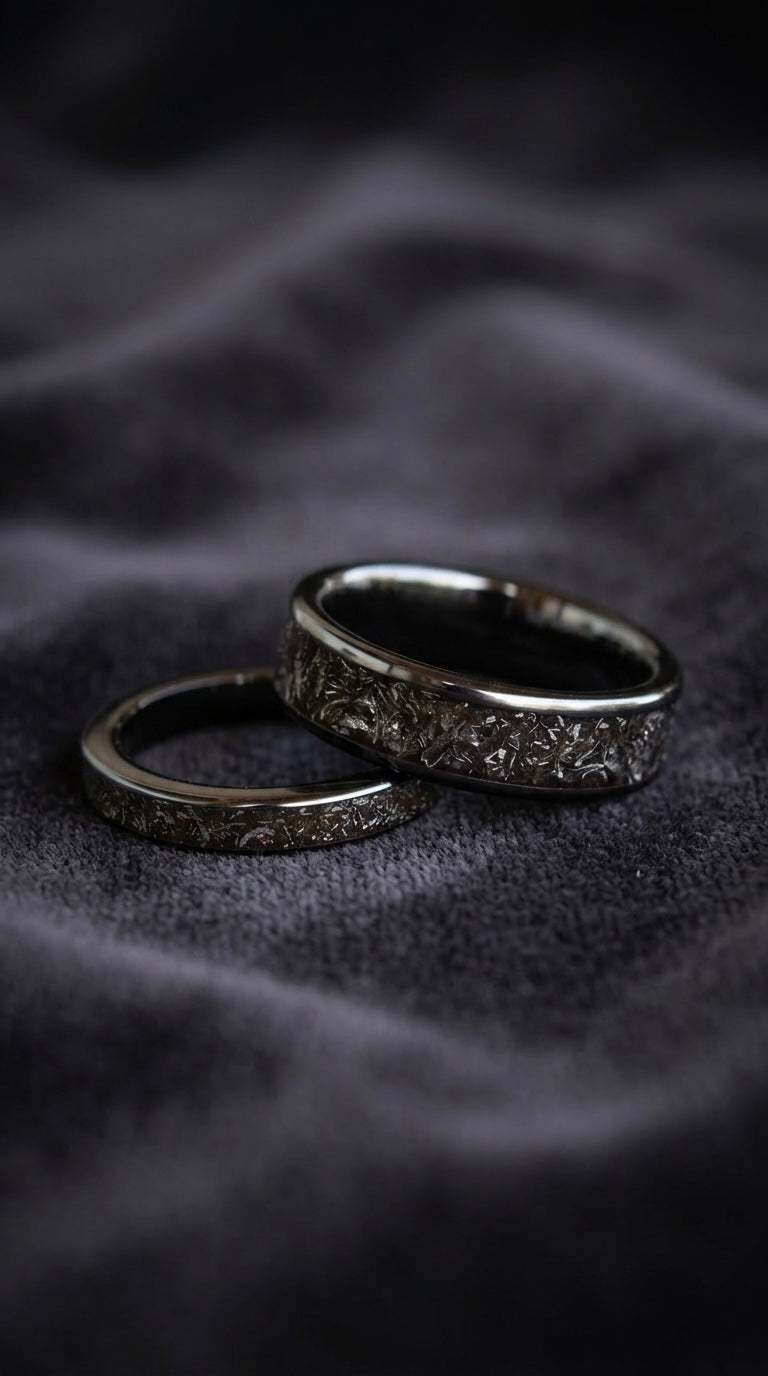 Real Meteorite, Titanium Carbide Wedding Ring set, Rustic Wedding Bands