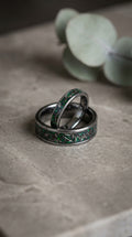 Real meteorite & Green Opal Tungsten Wedding Ring Set, Handmade Wedding Bands