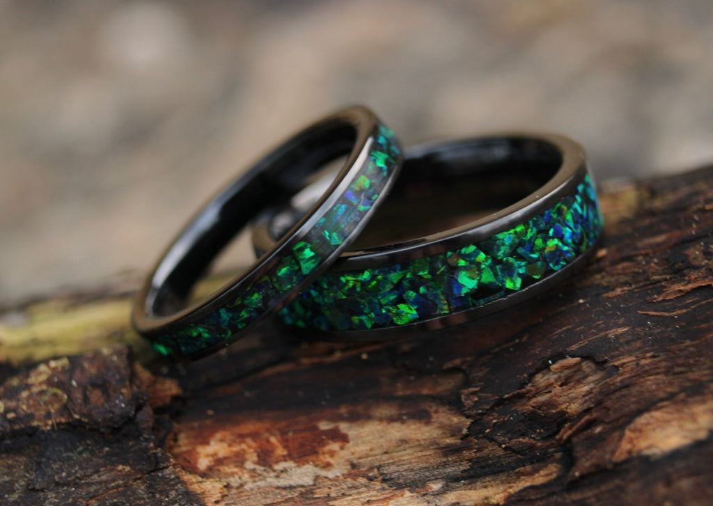 Green Opal Titanium Carbide Wedding Ring set, Rustic Wedding Bands