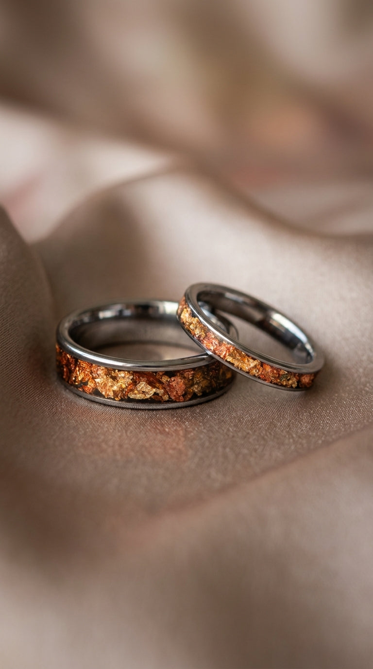 Golden Ember, Tungsten Wedding Band Set, Matching Couple Rings