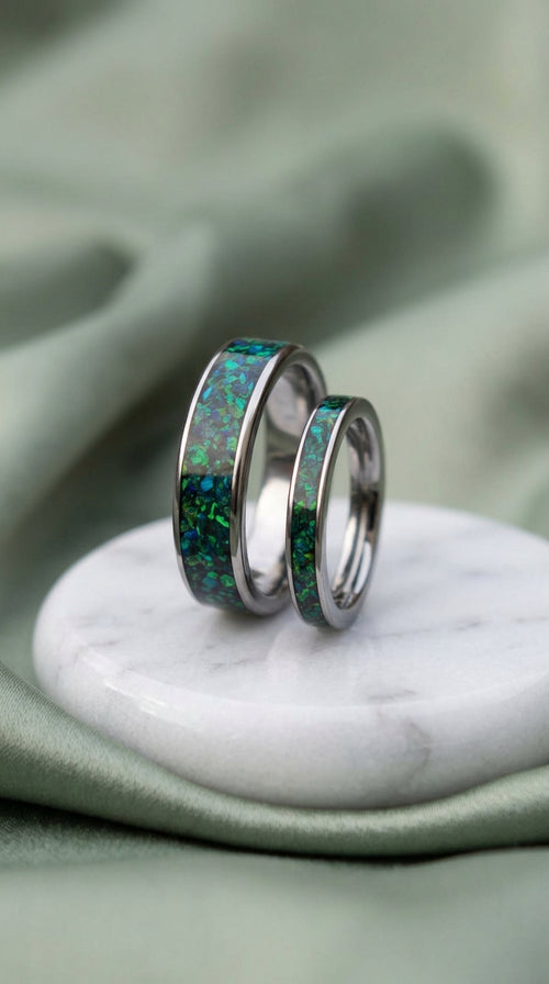 Dark green opal with blue flash, tungsten his and hers  engagement ring set, wedding rings for men, anniversary ring