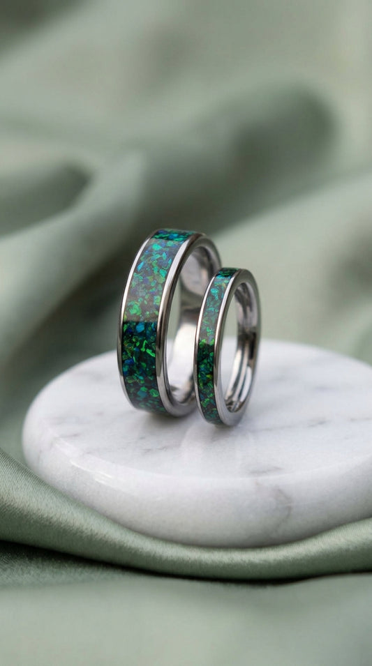 Dark green opal with blue flash, tungsten his and hers  engagement ring set, wedding rings for men, anniversary ring