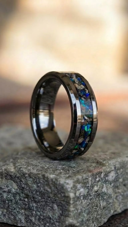 Real dinosaur bone, meteorite and blue opal, tungsten ring