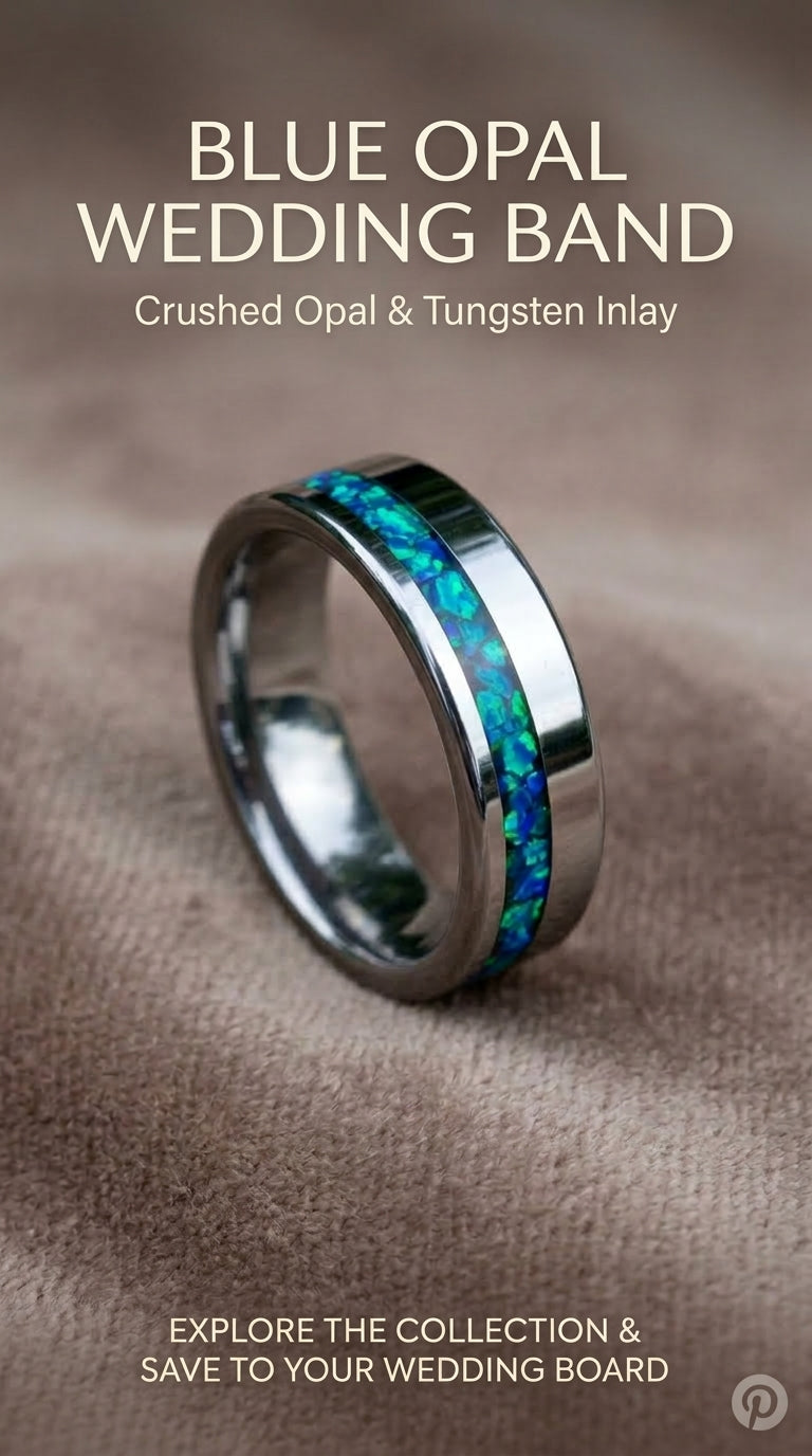 Blue Opal Tungsten Wedding Ring, Unique Silver Band