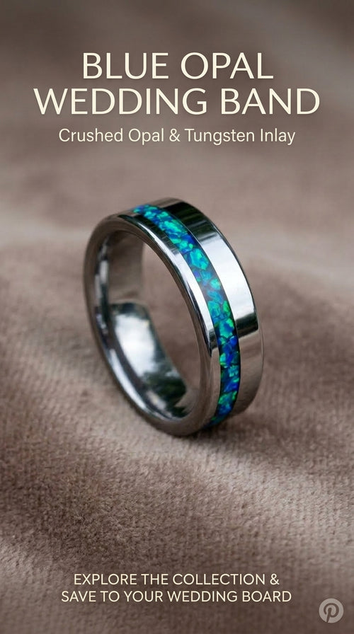 Blue Opal Tungsten Wedding Ring, Unique Silver Band