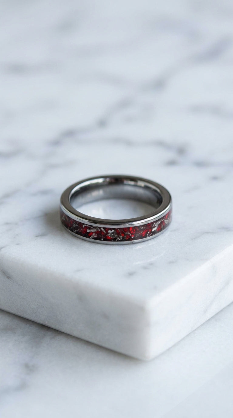 Real Meteorite And Red Opal Tungsten Carbide Ring, Bespoke Wedding Band