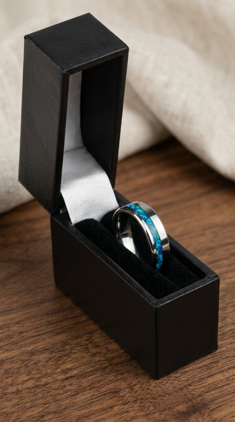 Blue Opal Tungsten Wedding Ring, Unique Silver Band