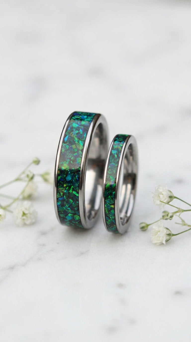 Dark green opal with blue flash, tungsten his and hers  engagement ring set, wedding rings for men, anniversary ring