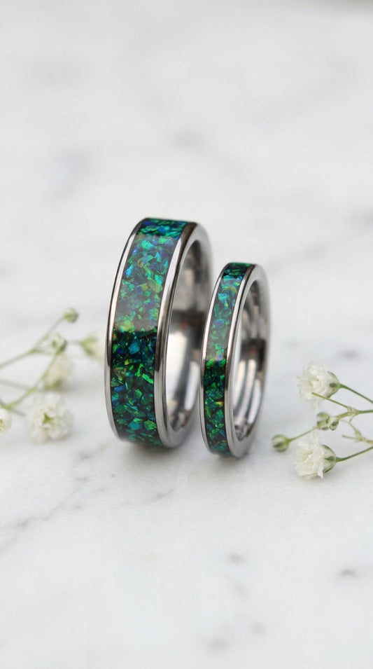 Dark green opal with blue flash, tungsten his and hers  engagement ring set, wedding rings for men, anniversary ring