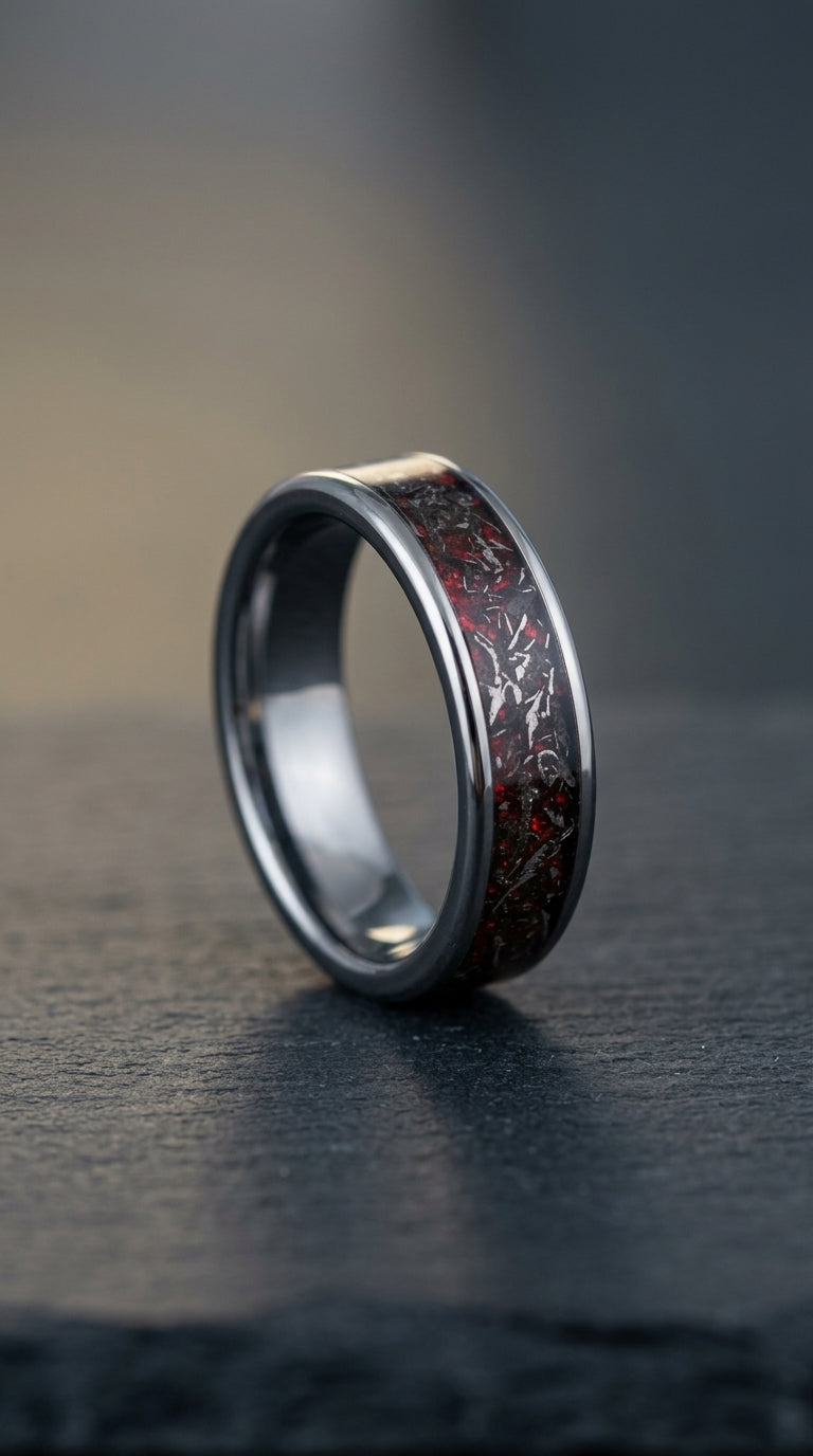 Real Meteorite & Red Opal Tungsten Ring – Unique Engagement Ring – Handmade Meteorite Wedding Band – Men's or Women's Ring