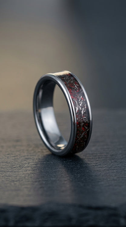 Real Meteorite & Red Opal Tungsten Ring – Unique Engagement Ring – Handmade Meteorite Wedding Band – Men's or Women's Ring