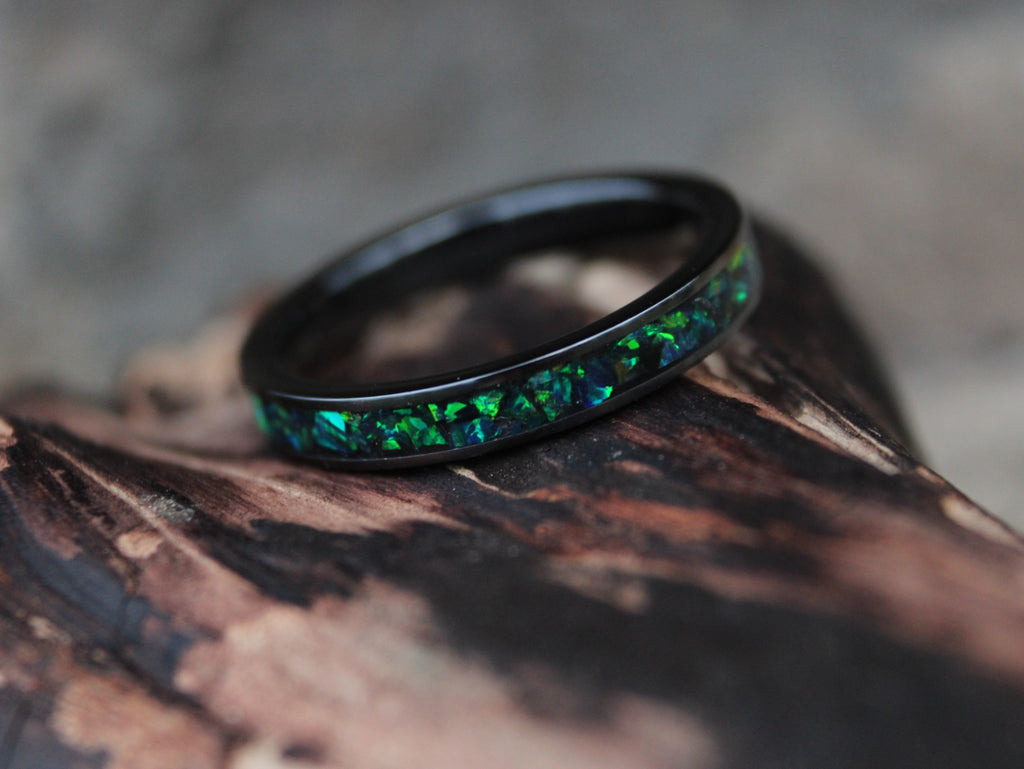 Green Opal Titanium Carbide Wedding Ring set, Rustic Wedding Bands