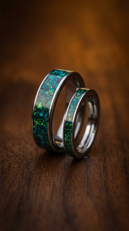 Dark green opal with blue flash, tungsten his and hers  engagement ring set, wedding rings for men, anniversary ring