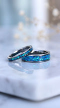 Blue Opal Tungsten Wedding Ring Set, His and Hers, Handmade Jewelry