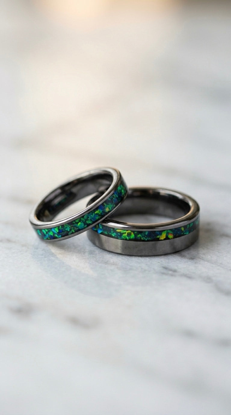 Dark green opal with blue flash, tungsten his and hers  handmade engagement ring set wedding rings for men anniversary ring