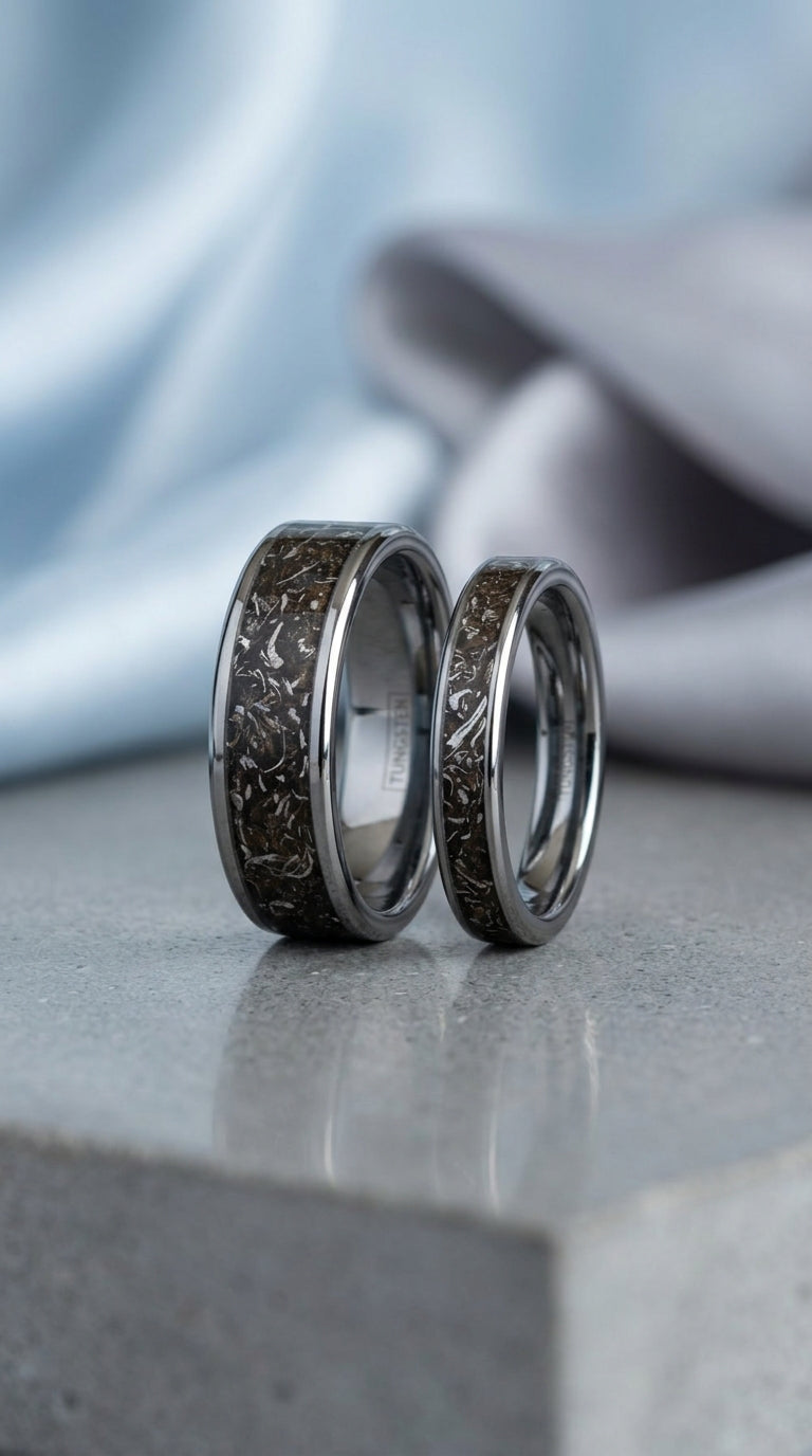 Real Meteorite, Tungsten Carbide Wedding Ring Set, His and Hers Rings, Matching Ring Set, Anniversary Rings, Engagement Rings, Silver Rings