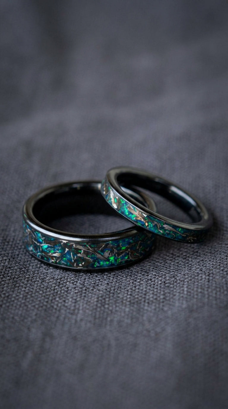 Real Meteorite and Blue Opal Ring Set, Titanium Carbide His & Hers Wedding Bands