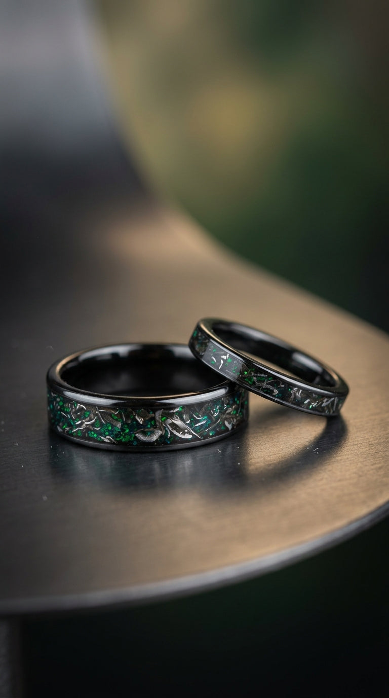 Meteorite green opal titanium wedding ring set, his and hers, Anniversary rings, Engagement rings
