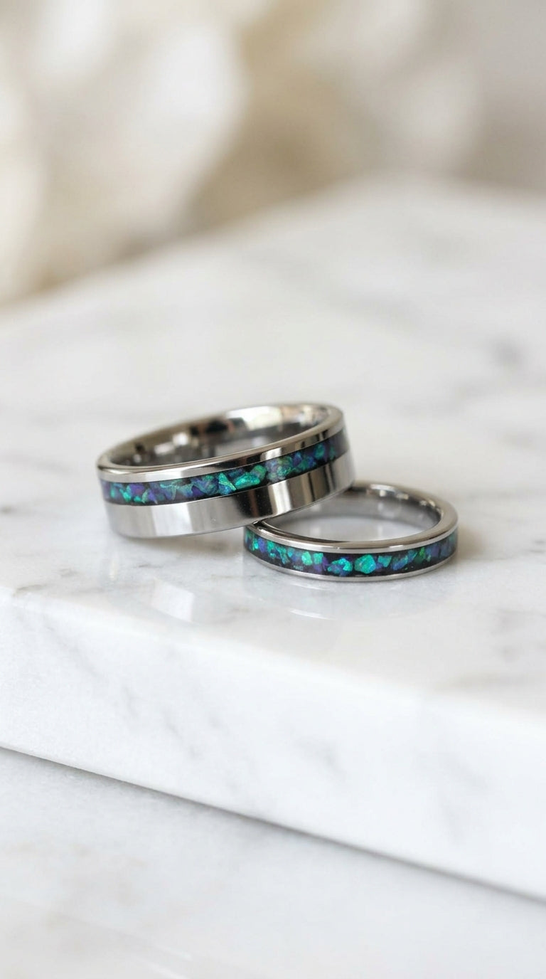 Multi Amethyst Opal Wedding Ring Set, His & Hers Promise Rings