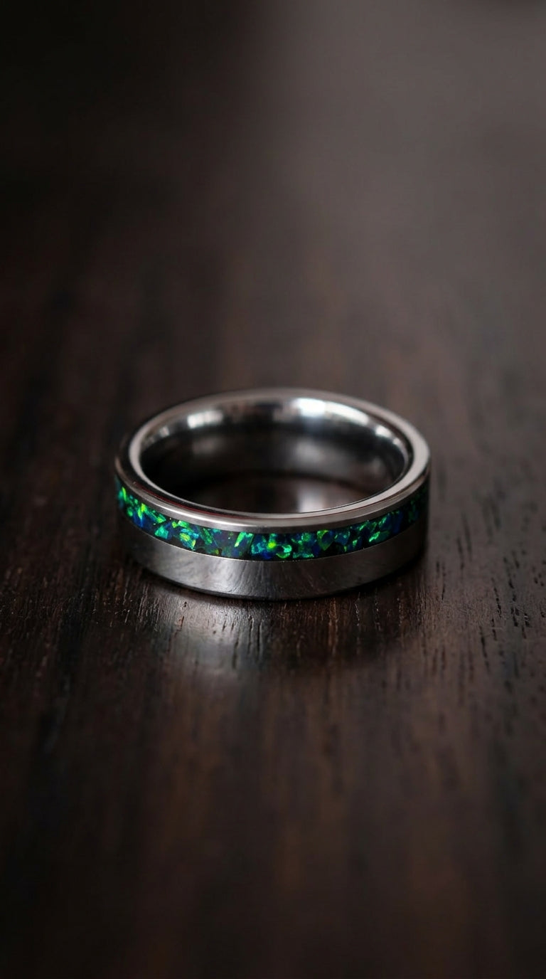 Green Opal Tungsten Engagement Ring Wedding Band