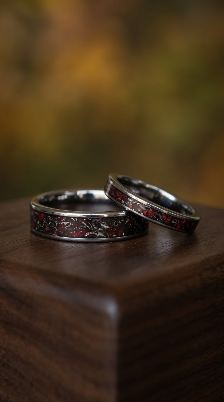 Real meteorite and red opal tungsten ring set engagement rings for her matching wedding bands rings his and hers promise rings jewellery