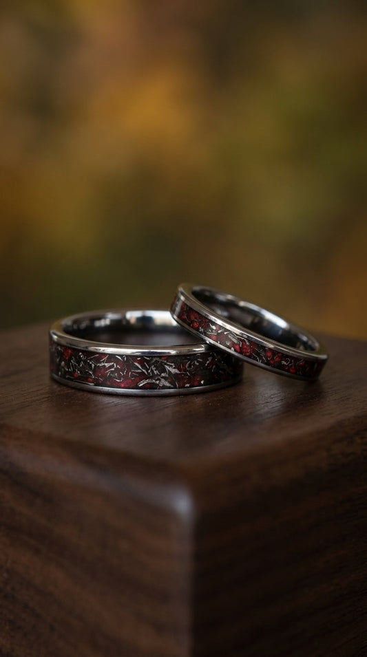 Real meteorite and red opal tungsten ring set engagement rings for her matching wedding bands rings his and hers promise rings jewellery