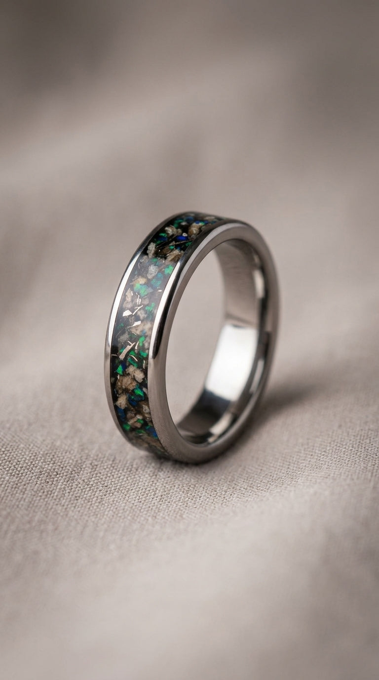 Real dinosaur bone, meteorite and green opal, tungsten ring