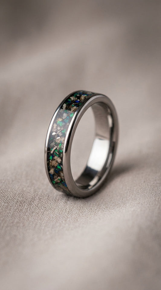 Real dinosaur bone, meteorite and green opal, tungsten ring