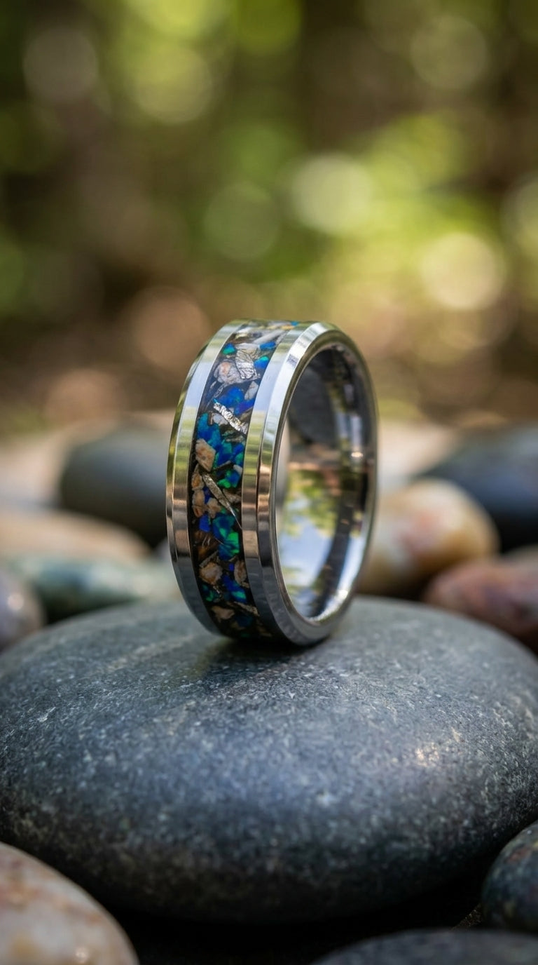 Real dinosaur bone, meteorite and blue opal, tungsten ring