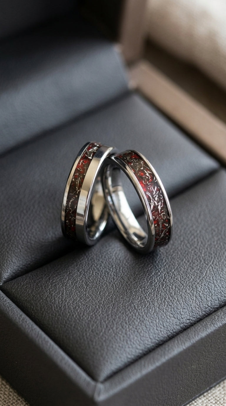 Red Opal and Meteorite Wedding Ring Set