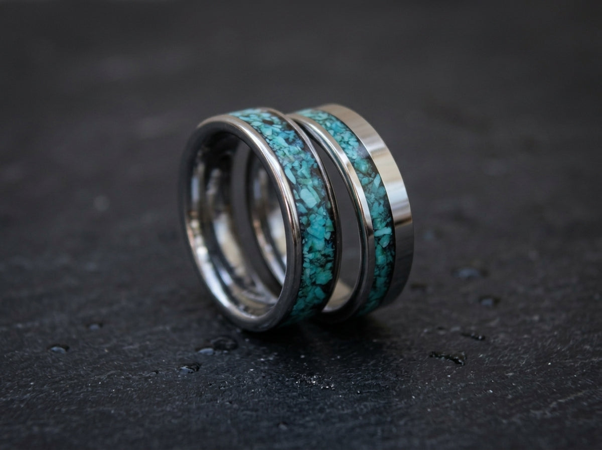 Natural turquoise his and hers matching wedding ring set