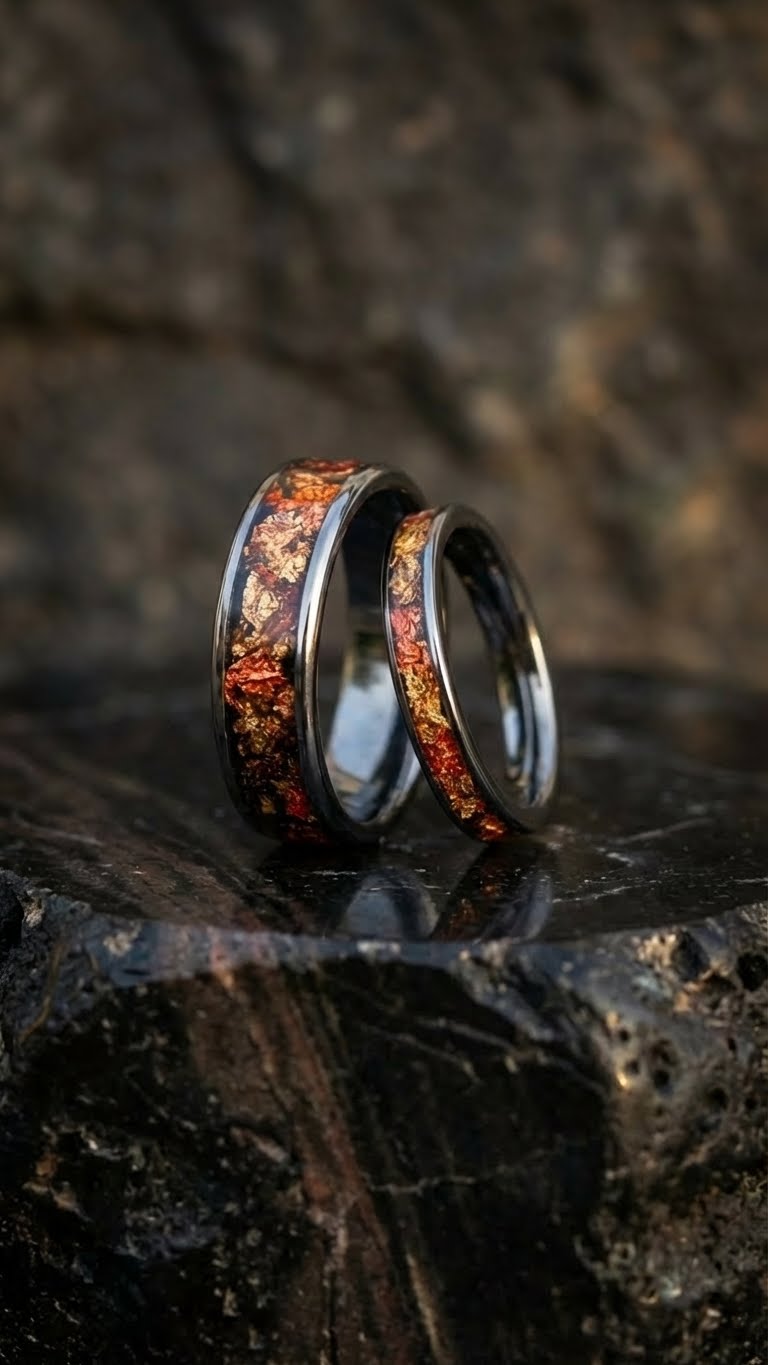 Golden Ember, Tungsten Wedding Band Set, Matching Couple Rings