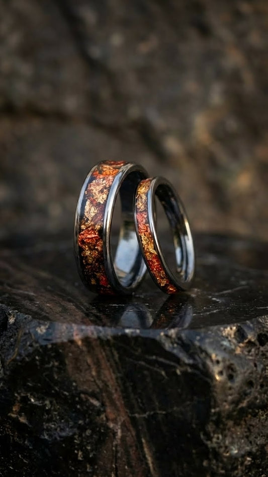 Golden Ember, Tungsten Wedding Band Set, Matching Couple Rings
