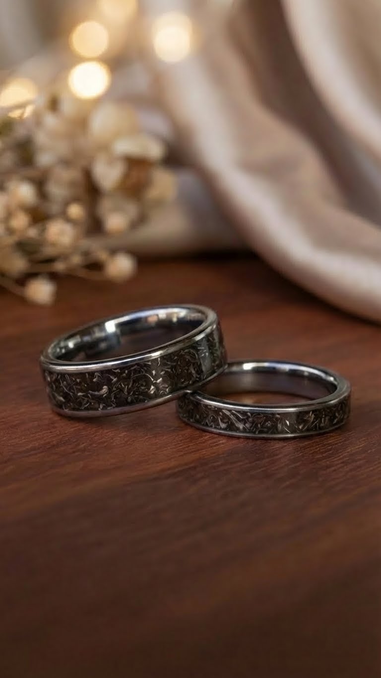 Real Meteorite, Tungsten Carbide Wedding Ring Set, His and Hers Rings, Matching Ring Set, Anniversary Rings, Engagement Rings, Silver Rings