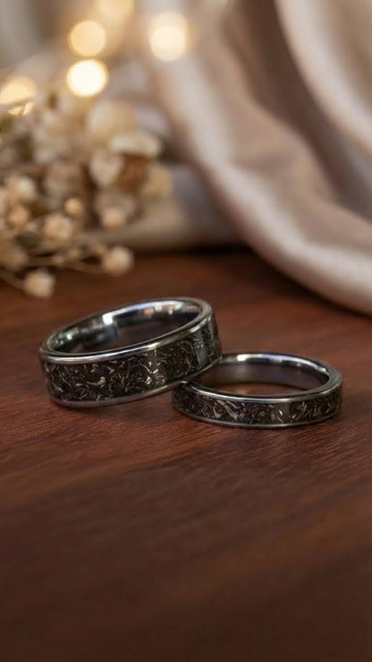 Real Meteorite, Tungsten Carbide Wedding Ring Set, His and Hers Rings, Matching Ring Set, Anniversary Rings, Engagement Rings, Silver Rings